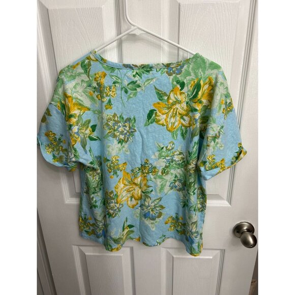 Talbots Hibiscus Tropical Print Short Sleeve Tee Shirt Blue Yellow - XL - Picture 4 of 4